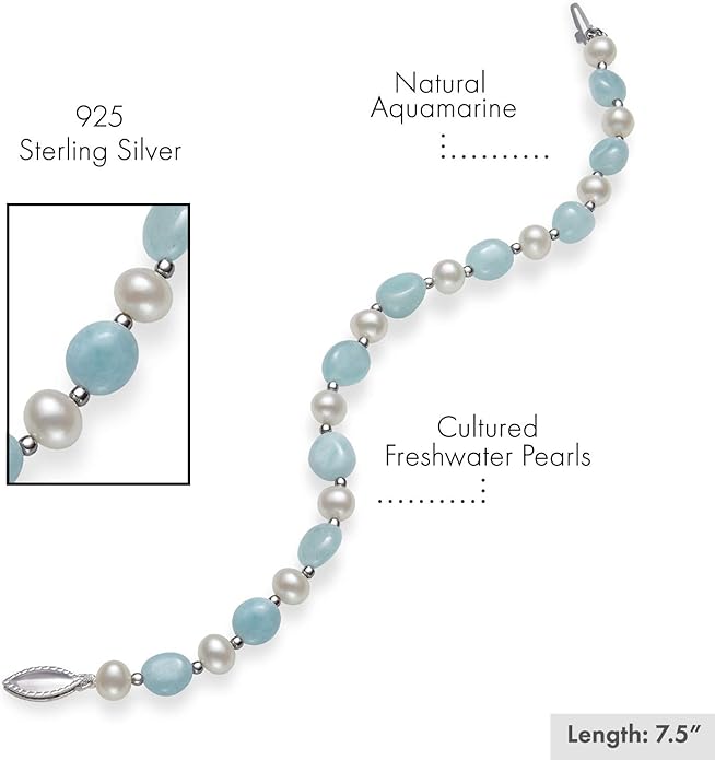Belacqua Cultured Freshwater Pearl and Natural Milky Blue Aquamarine Strand Bracelet in Sterling Silver, Length - 7.5 Inches, Fishhook Clasp, Real Pearl Jewelry for Women, Gift Box Included