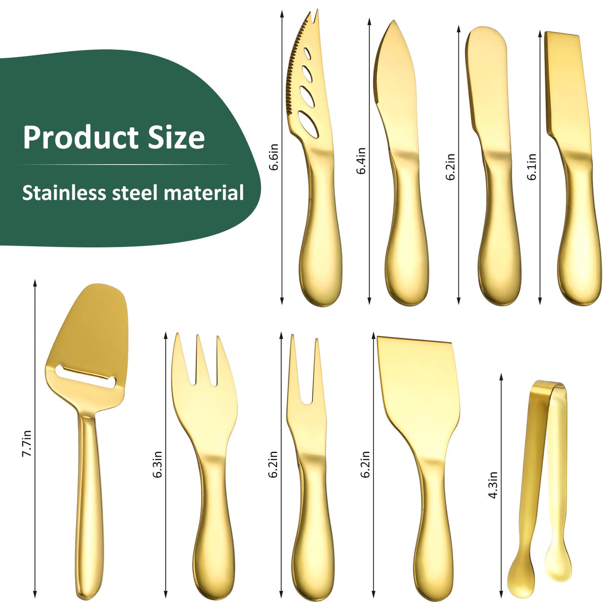 Premium Stainless Steel Gold Cheese Tool Set - 12 Piece Cheese Knife & Cheese Markers Gifts Set - Cut, Butter Spreader Slicer Mini Serving Tongs,Birthday Wedding Christmas All Your Favorite Cheeses