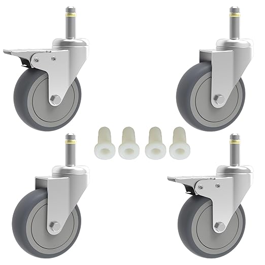 3-Inch Swivel Stem Caster, 7/16-Inch Stem Diameter Rubber Wheel, Heavy Duty TPR Replacement Wheels for Rubbermaid Mop Bucket Cart Grill Casters - 4 Pack (2 Brakes 2 Swivel)