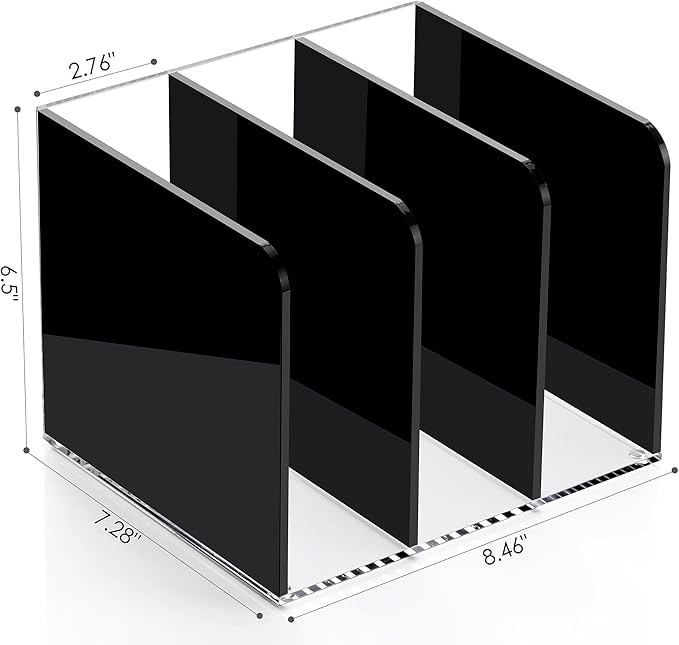 Acrylic Magazine File Holder Desktap Organizer Folder Rack Workspace Sorters, Bookend File Sorter Holder Office Accessories Organization Storage 3 Vertical Compartments, Black