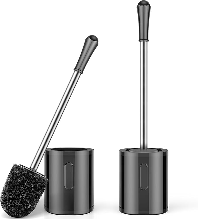 Compact Size Toilet Brush & Holder, 2 Pack, Stainless Steel Handle, Space Saving for Storage, Drip-Proof, Easy to Assemble, Black