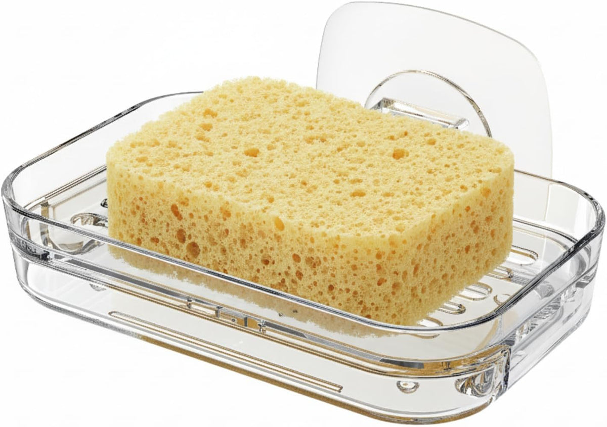 Toro Adhesive Sponge Holder for Kitchen Sink with Drain Tray, Clear PET Wall-Mounted Sponge Caddy