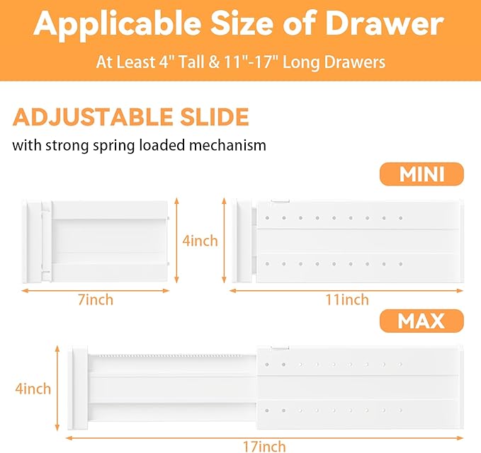REBECAT 5 Pack Drawer Dividers for Clothes Adjustable Drawer Dividers 4" High Expandable from 11"-17" for Dresser Baby Clothes Bathroom Bedroom Kitchen and Office Storage，White