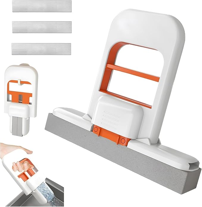 Portable Mini Foldable Desktop Mop – Versatile Wet & Dry Cleaning Sponge Mop for Home & Car – Ideal for Bathroom, Kitchen, Glass, Living Room & More (Orange + Sponge*3)