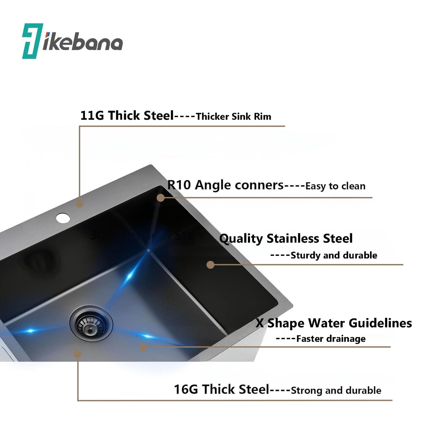 IKEBANA 22 x 18 inch Black Drop in Kitchen Sink, 16 Gauge Stainless Steel Topmount Kitchen Sink Single Bowl, Outdoor Small RV Bar Sinks with Strainer