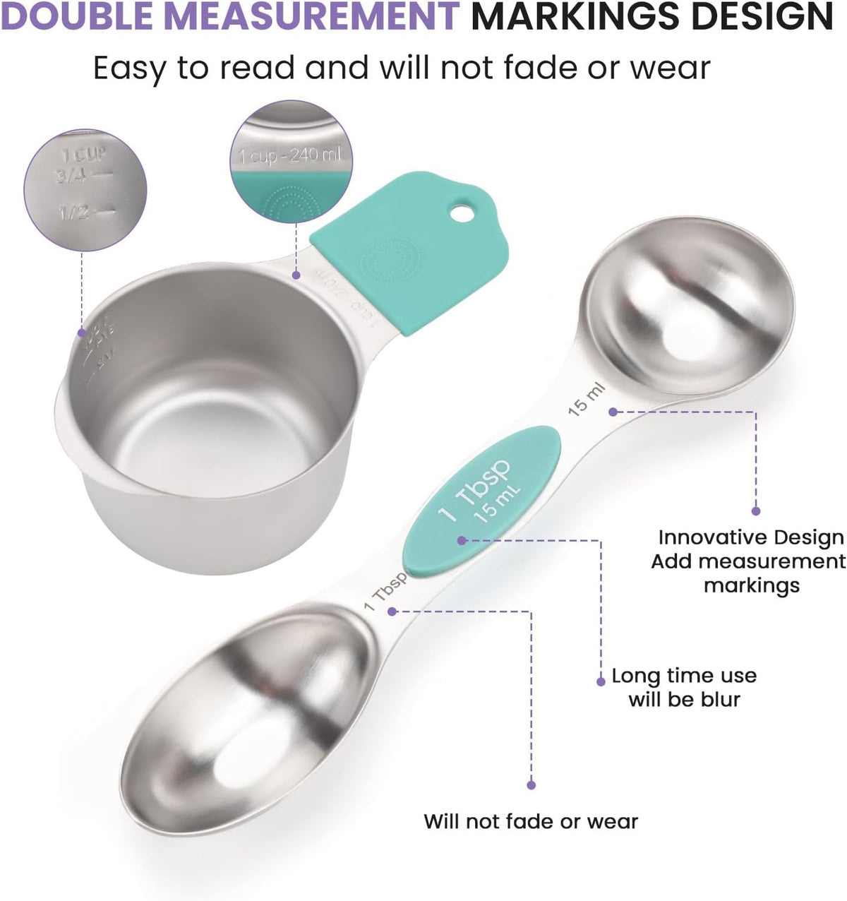 Magnetic Measuring Cups and Spoons Set-Heavy Duty 304 Stainless Steel，Double Measurement Markings，Set of 16 with Leveler for Measure Dry and Liquid Ingredients