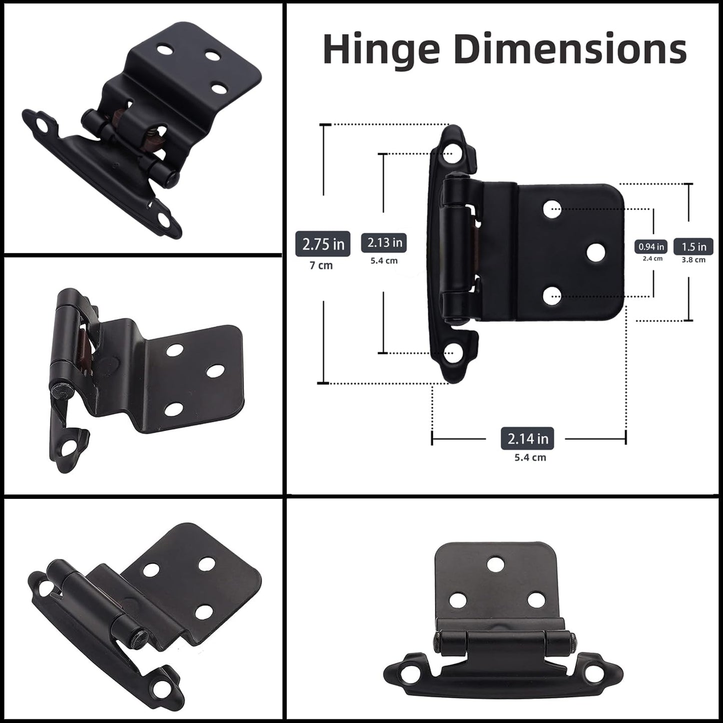 DecoBasics 3/8" Inset Cabinet Hinges Black (25 Pair -50 Pcs) Offset Self Closing Matte Black Cabinet Hinges for Kitchen Cabinets w/Bumpers & Upgraded Screws