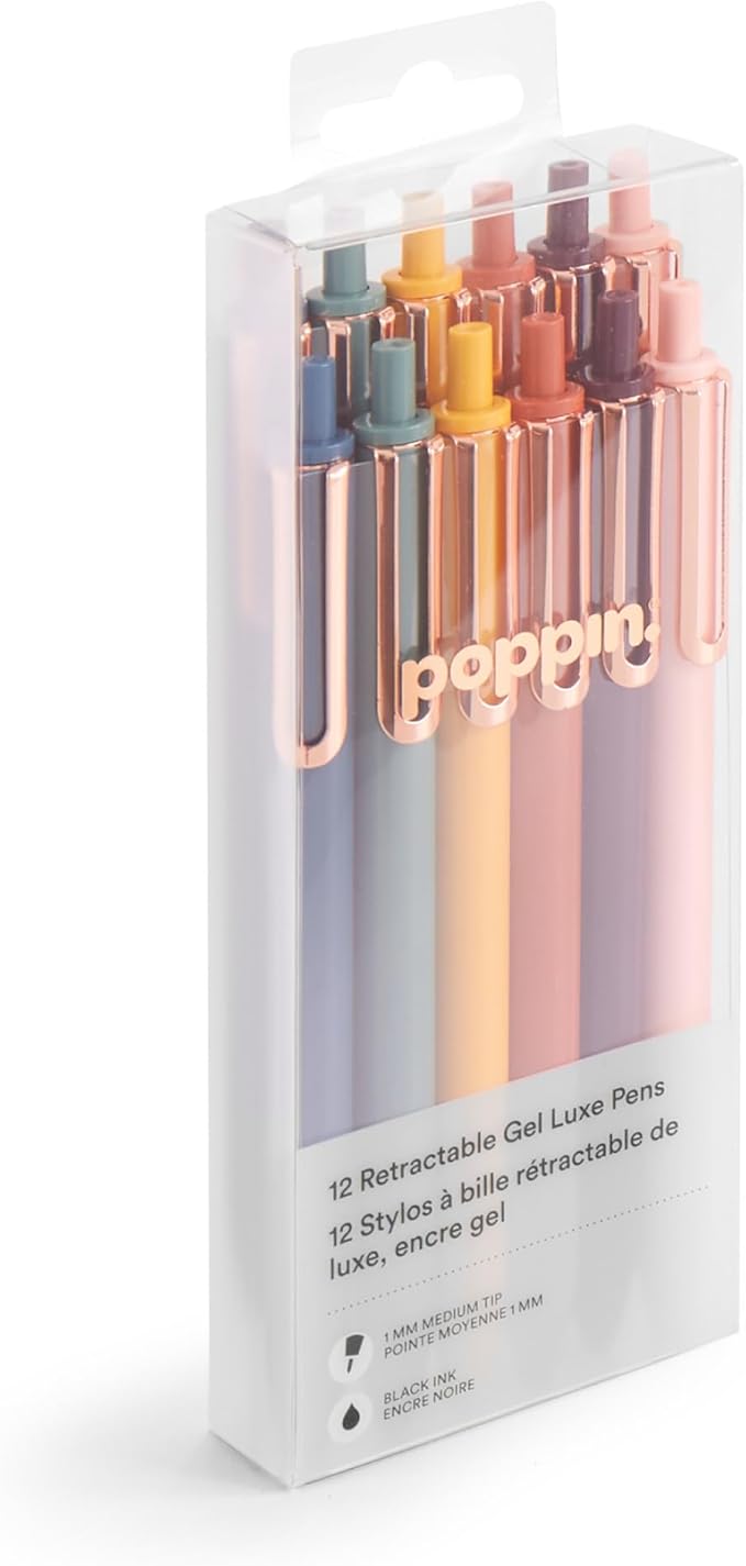 Poppin Stylish Retractable Gel Pens - Fine Point, 0.7mm Tip, Smooth Writing Ink, Metal Clip, Assorted Desert with Black Ink, 12 Pack