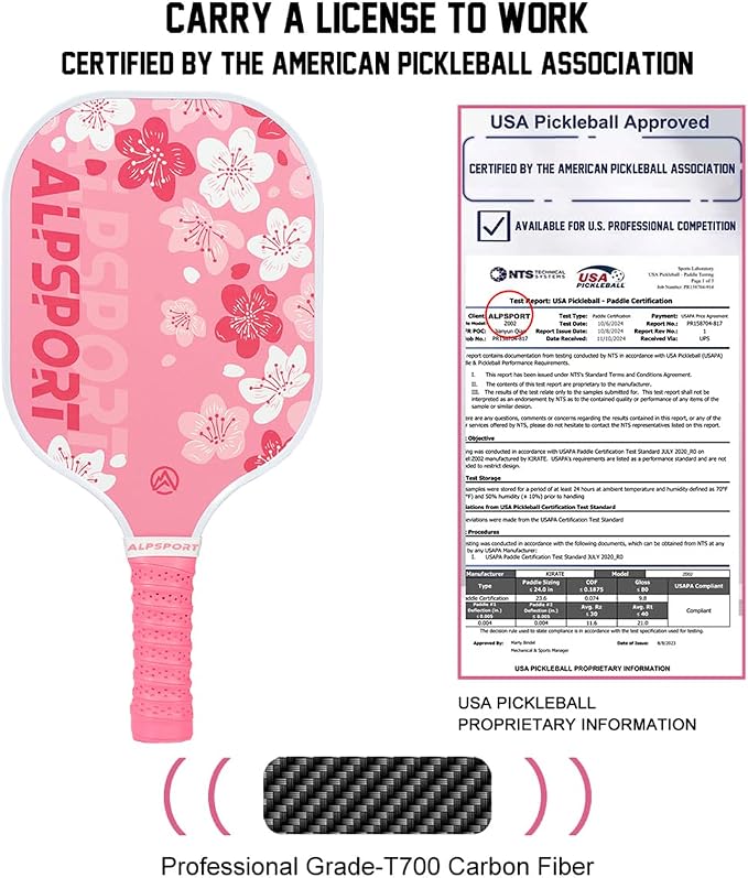Sakura Pink Pickleball Paddles Set of 1/2, USAPA Approved Fiberglass Graphite Cherry Racquet with Tied Grips, 2 Indoor Outdoor Pickleball Balls, 1 Cover Bag Men Women