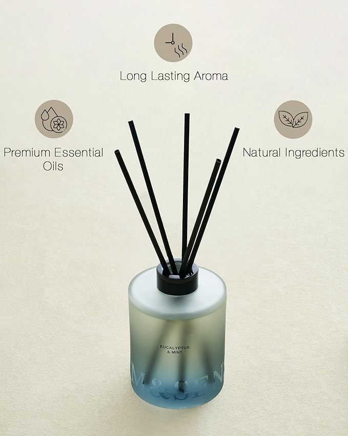 M&SENSE Eucalyptus Mint Reed Diffuser Set - 16.9 fl oz Long-Lasting Fragrance, Non-Toxic Scent Diffuser with Natural Oil Sticks | Housewarming Diffuser Gift for Mothers Day, Bathroom & Home Decor