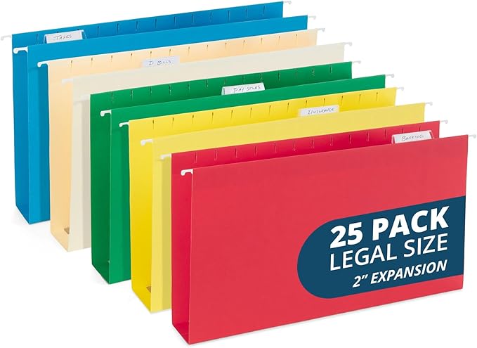 25 Blue Summit Supplies Legal Size Hanging File Folders - Assorted Colors, 2" Expansion, Legal Hanging File Folders for Filing Cabinet, 11PT Paper Stock with Tabs and Inserts Included