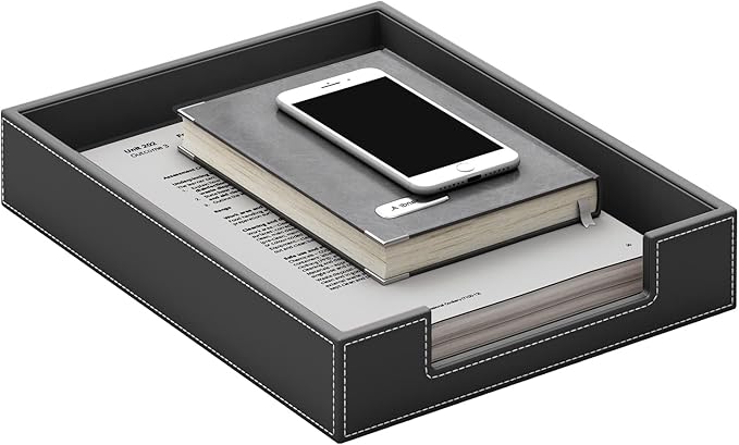 Leather Letter Tray, THIPOTEN Elegant Desk Organizer for Office Supplies, Mail, Paper, File, Magazine, Perfect Office Organization for Desktop(Black)