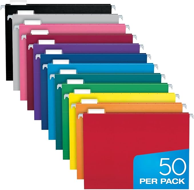 Pendaflex Colored Hanging File Folders Letter Size with 1/5 Cut Adjustable Tabs, 8.5 X 11-50 Pack of 12 Assorted Colors