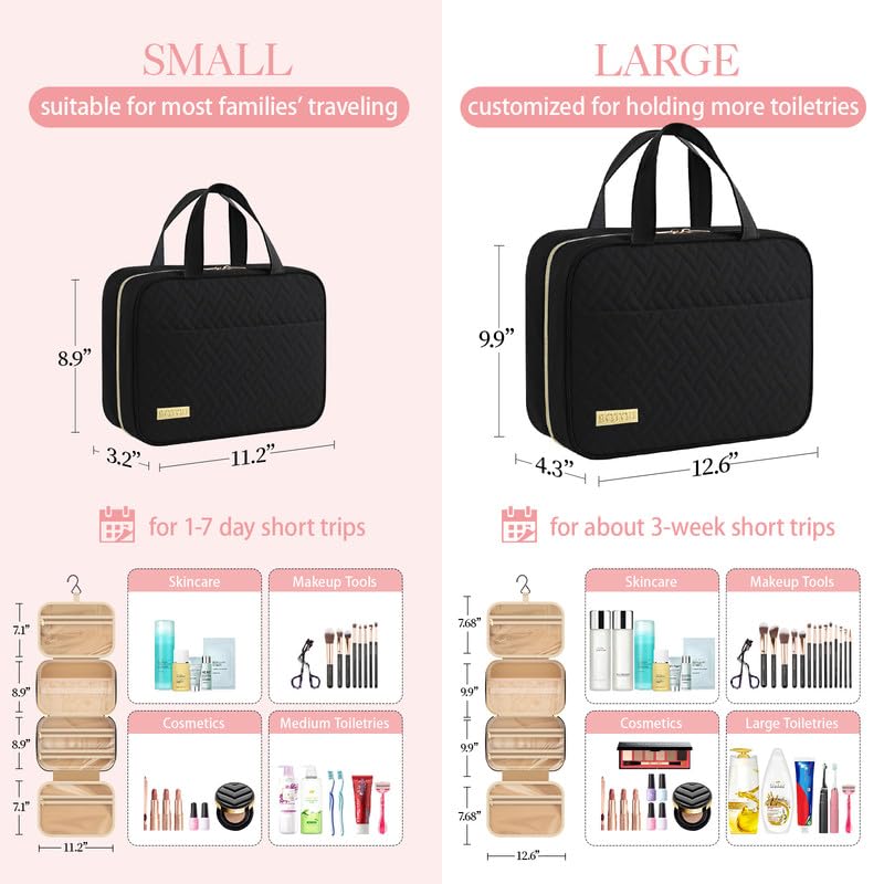HOTOR Travel Toiletry Bag w/Hanging Hook - Spacious Toiletry Bag Essentials for Women & Men, Makeup Bag/Big Comparment, Waterproof for Travel Accessories, Medium, Black