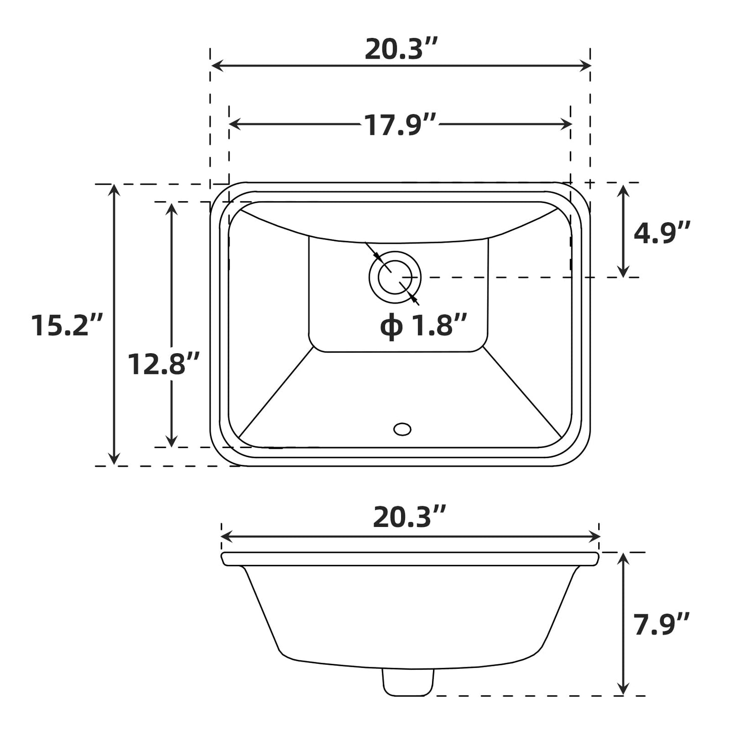 Garvee Undermount Bathroom Sink 20.28 × 15.16 Inch – White Ceramic Under Counter Sink, Rectangular Vanity Basin