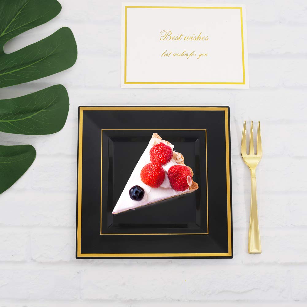 bUCLA 100PCS Black Square Plastic Plates with Gold Rim - 6 inch Disposable Dessert/Appetizer/Small Cake Plates for Party, Graduation & New Year