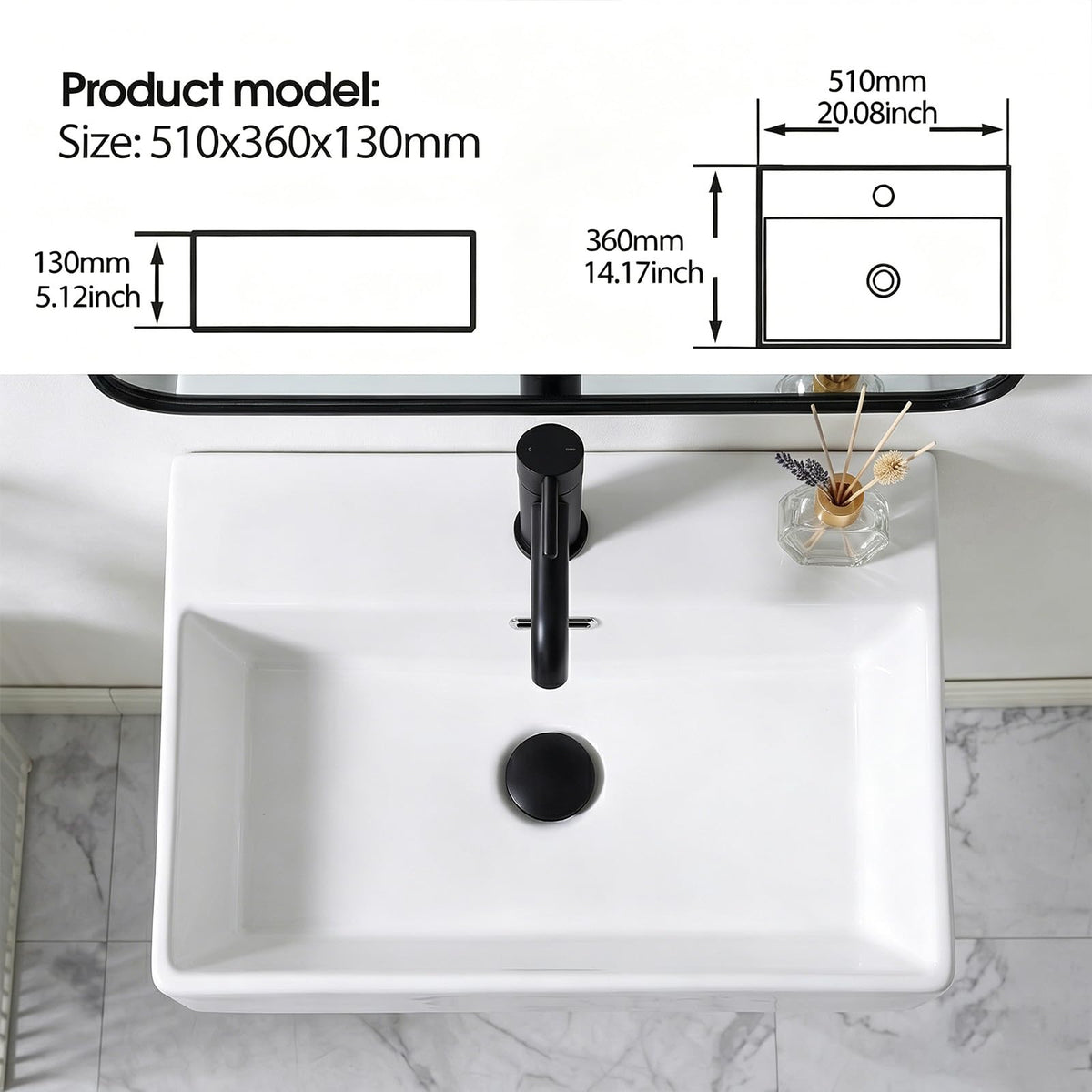 20 x 14 Inch Wall Mounted Bathroom Sink, NOHALIPY Modern White Rectangular Porcelain Floating Vessel Sink with Overflow, Corner Mount Ceramic Bathroom Sink for RV, Restroom and Toilet, Easy to Install