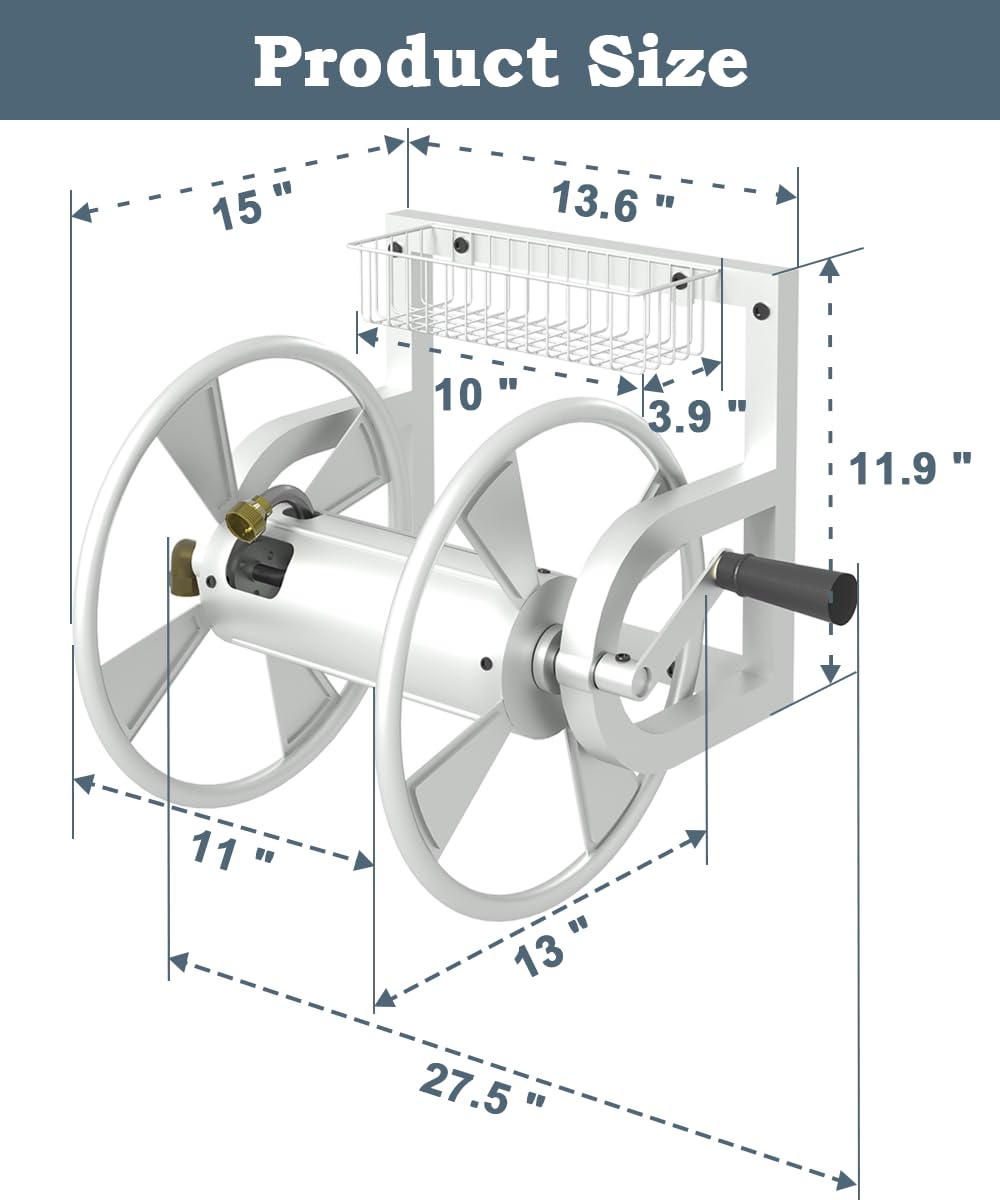 Artigarden Outdoor Garden Hose Reel Wall Mount, Heavy-Duty Water Hose Holder Winder with 3.9 ft Leader Hose, Brass Fitting and Storage Basket for Yard, Holds 125 Feet of 5/8-Inch Hose, White