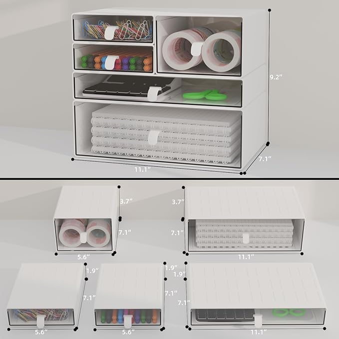 Desk Organizer Set, White & Clear Stackable Dustproof Storage Boxes for Desktop, Office, Bathroom, DIY Craft & Vertical Space Saving, Perfect for Makeup, Stationery Organization (5 Drawer)