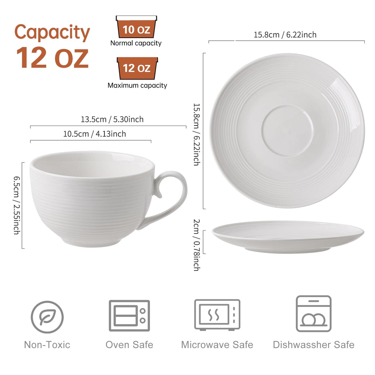 Feenmai 12 oz Cappuccino Cups with Saucers, Ceramic Espresso Coffee Cups Set of 4, White Latte Cup and Saucer, Elegant Tea Mugs Set, Microwave Dishwasher Safe Drinkware for Cafe, Housewarming Gift