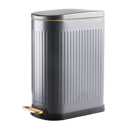 Slim Bathroom Trash Can with Soft Close Lid Stainless Steel Garbage Can Step Trash Bin with Removable Inner Bucket for Bedroom, Office, Kitchen (Matt Grey, 3.5 Gallons)