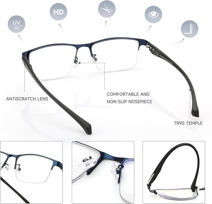 SKYOAK 2 Pack Premium Quality Progressive Multifocus Half Frame Reading Glasses for Men, No-Line Blue Light Blocking Computer Readers Multifocal Eyeglasses with TR90 Temples, Blue and Brown +3.0x