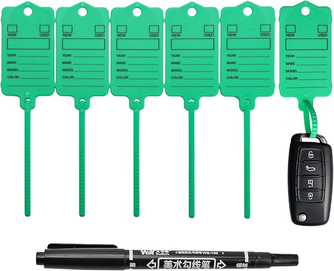 200 Car Key Tags with Labels Plastic Car Dealership Key Tags Self Locking Automotive Identifiers Blank Shop Labels with One Pen (Green)