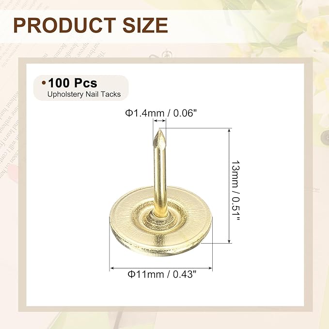 uxcell 100Pcs Upholstery Tacks, 11mmx13mm Flat Head Thumb Tack Decorative Furniture Nails Push Pins for Furniture Sofa Headboards, Gold