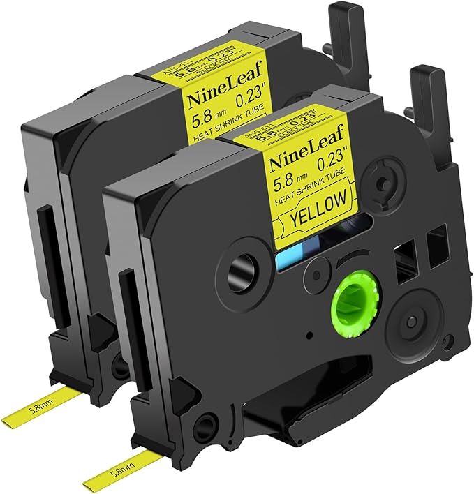 NineLeaf 2 Roll Black on Yellow Heat Shrink Tubes Label Tape Compatible for Brother Ptouch HSe-611 HSe611 HS611 HS-611 for P-Touch PT1180 PTD400 PTD600 Label Maker - 5.8mm (0.23inch) x 1.5m (4.92ft)