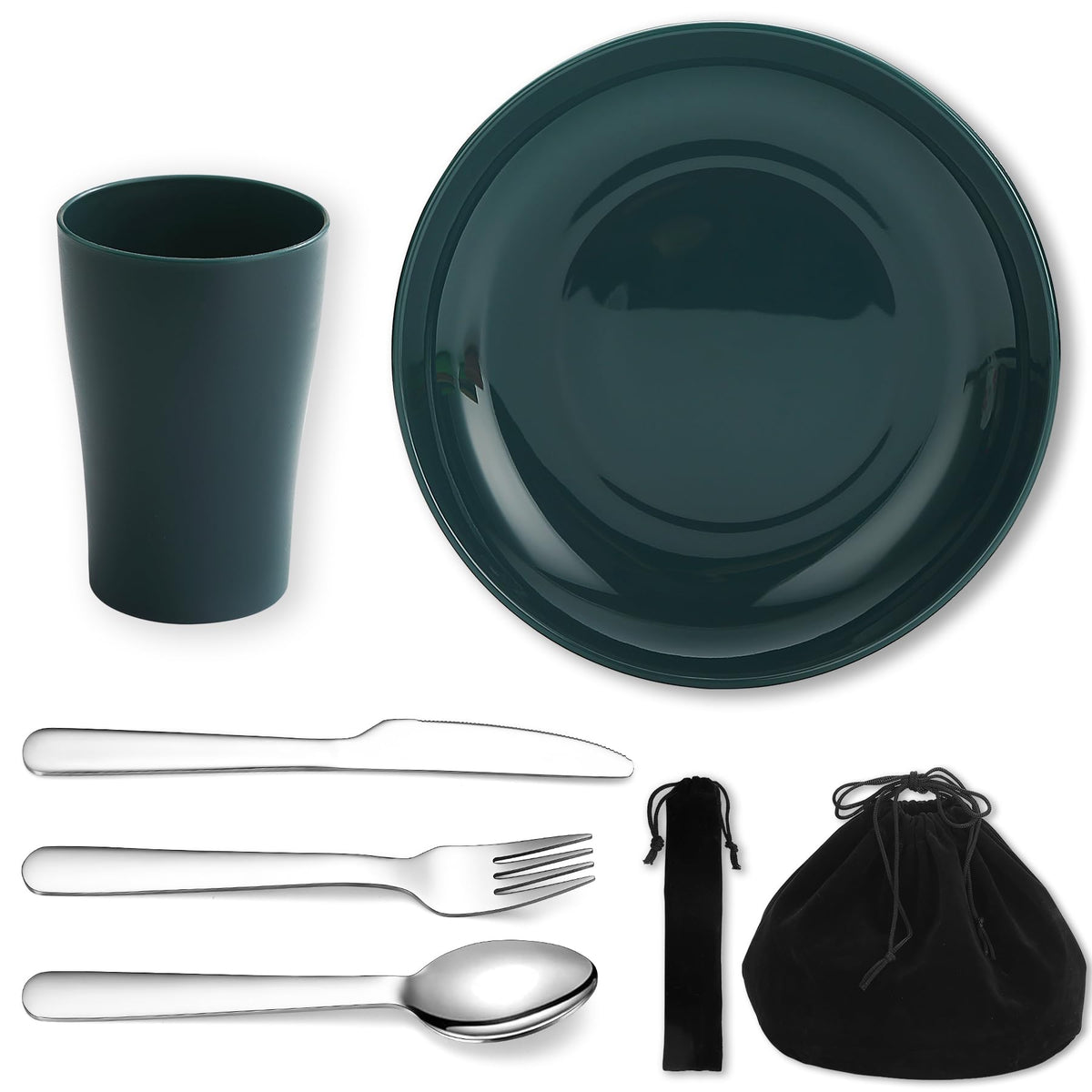 Evanda Camping Cutlery Set 5 Piece, Reusable Light Weight Mug, Plate and Stainless Steel Cutlery Set with Black Bag, for Camping 1 Person, Dishwasher Safe