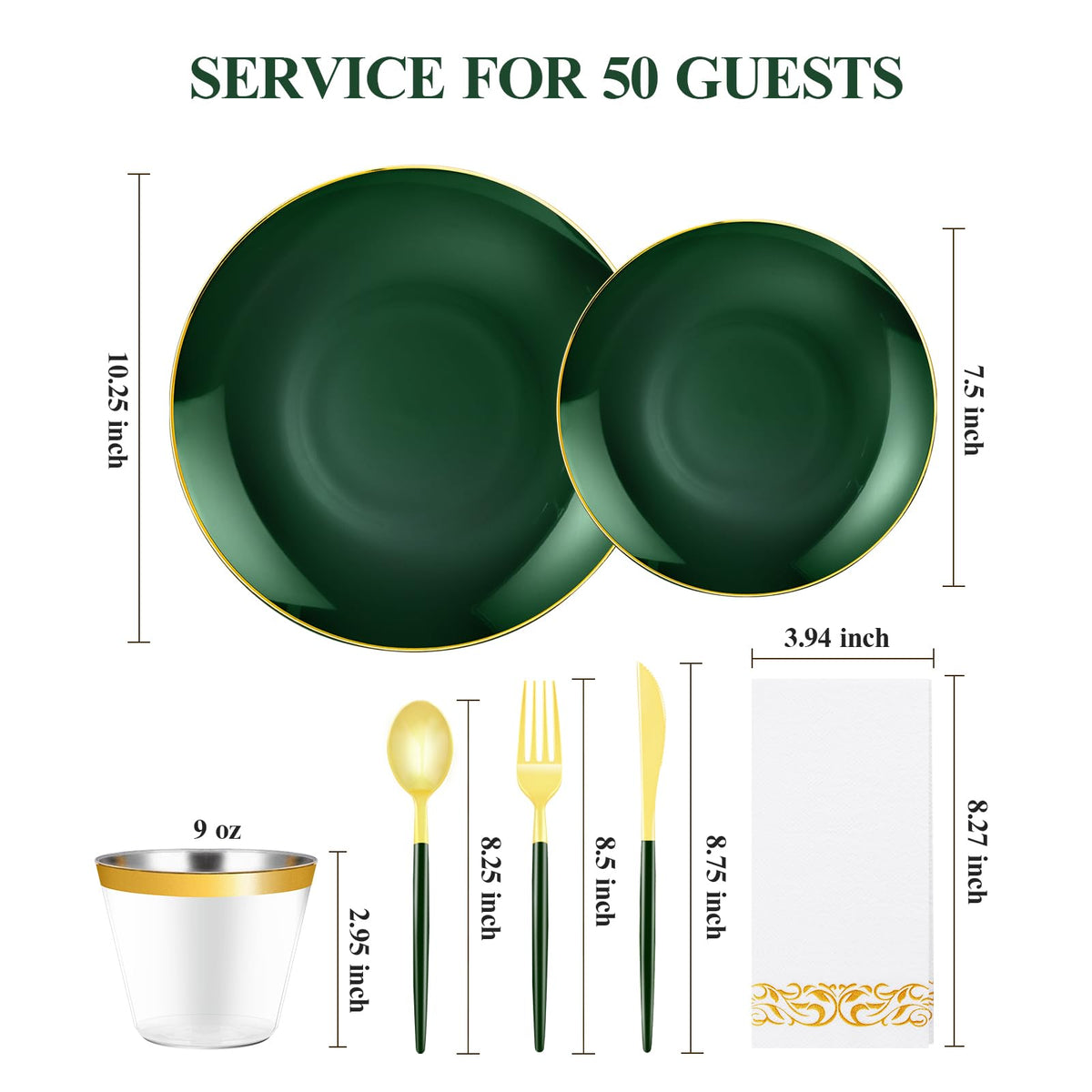 350 Pieces Green Gold Plastic Dinnerware Set, Gold Disposable Plates for Party, Include 100 Green Plates with 150 Plastic Cutlery, 50 Napkins and 50 Cups