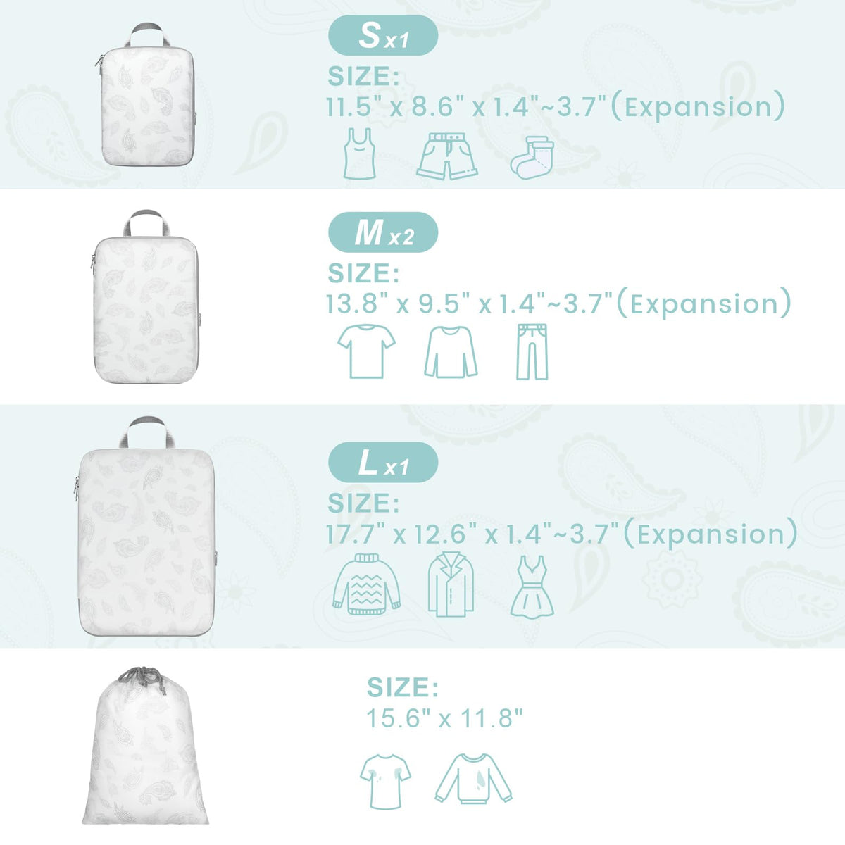 Cambond Compression Packing Cubes for Travel, 5 Pack Luggage Expandable Packing Organizers Compression Cubes for Suitcases with Laundry Bag, White Teardrop-shaped Texture
