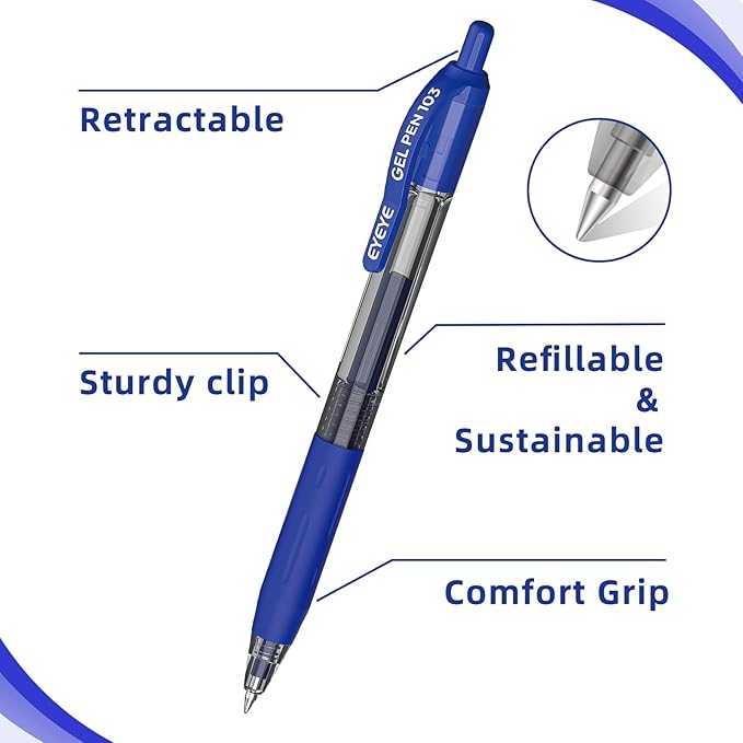 EYEYE G-103 Retractable Gel Pens 0.5mm, 25 Pack 0.5 mm Blue Ink Extra Fine Point Ballpoint Pen Quick Drying, Pen Fine Point Smooth Writing Pens for for Office School Supplies