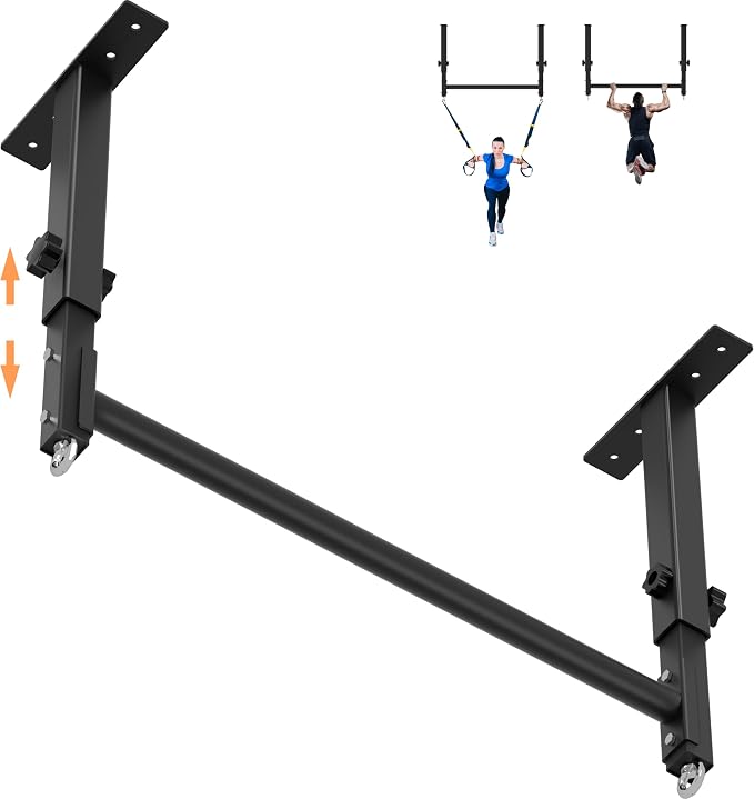 48" Ceiling Mount Pull Up Bar, Heavy Duty Multi-Grip Rafter Chin Up Bar for Garage/Basement/Backyard Ceiling Beam, Adjustable Height&Supports to 650 Lbs
