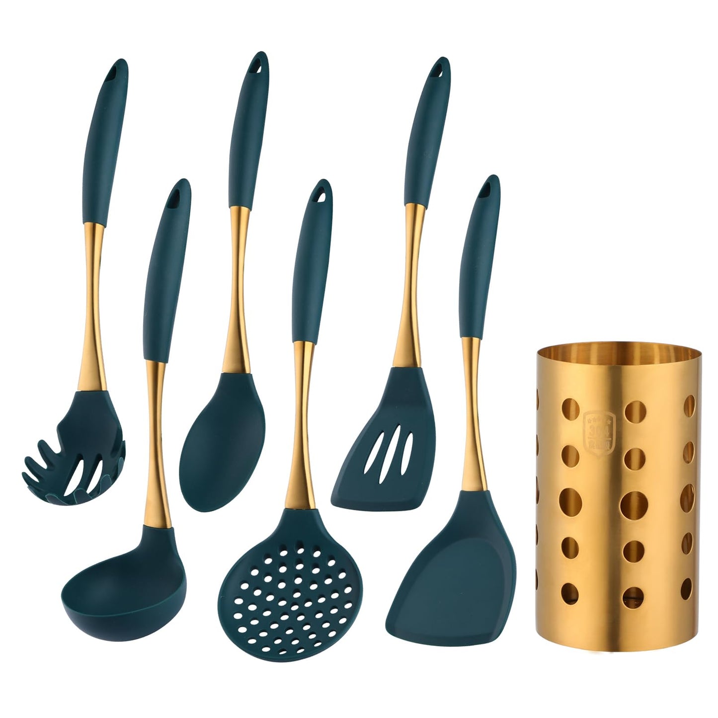 BYEGOU Green and Gold Silicone Cooking Utensils Set - 7-Pieces Nonstick Safe Kitchen Utensil Set with Heat Resistant Comfort Handles - Includes Gold Utensil Drain Holder