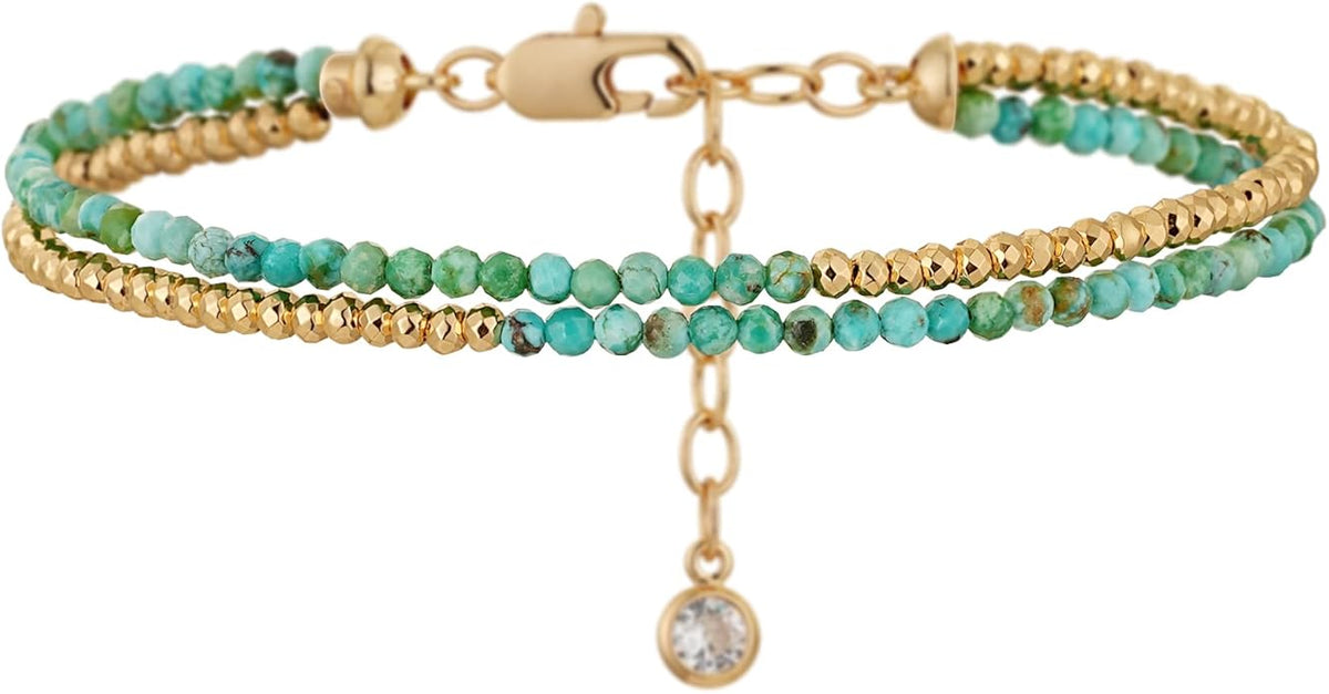 MYEARS Women Beaded Bracelet Gold Double Layer Gemstone 14K Simple Dainty Handmade Chain Everyday Boho Beach Jewelry