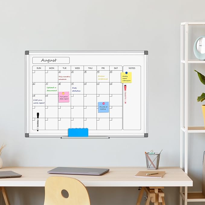 Monthly Calendar Dry Erase Whiteboard for Wall, 36" x 24" Double-Sided Calendar White Board, Magnetic Portable Board for Office, Kitchen, School, Home