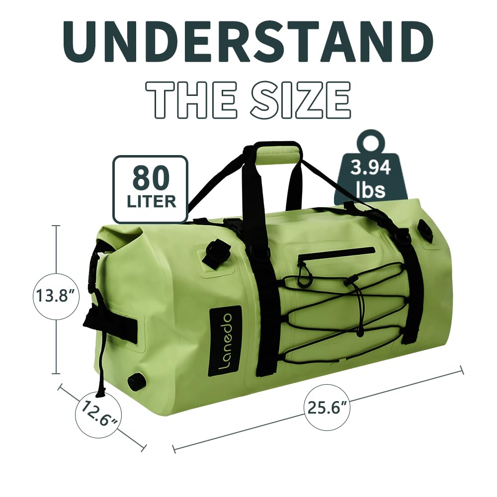 Lanedo 80L Dry Bag Large Waterproof Bag Roll-Top Heavy Duty Fishing Duffel Bag with Durable Straps & Handles for Kayaking Paddle boarding Boating Rafting Fishing Canoeing Camping (Green)