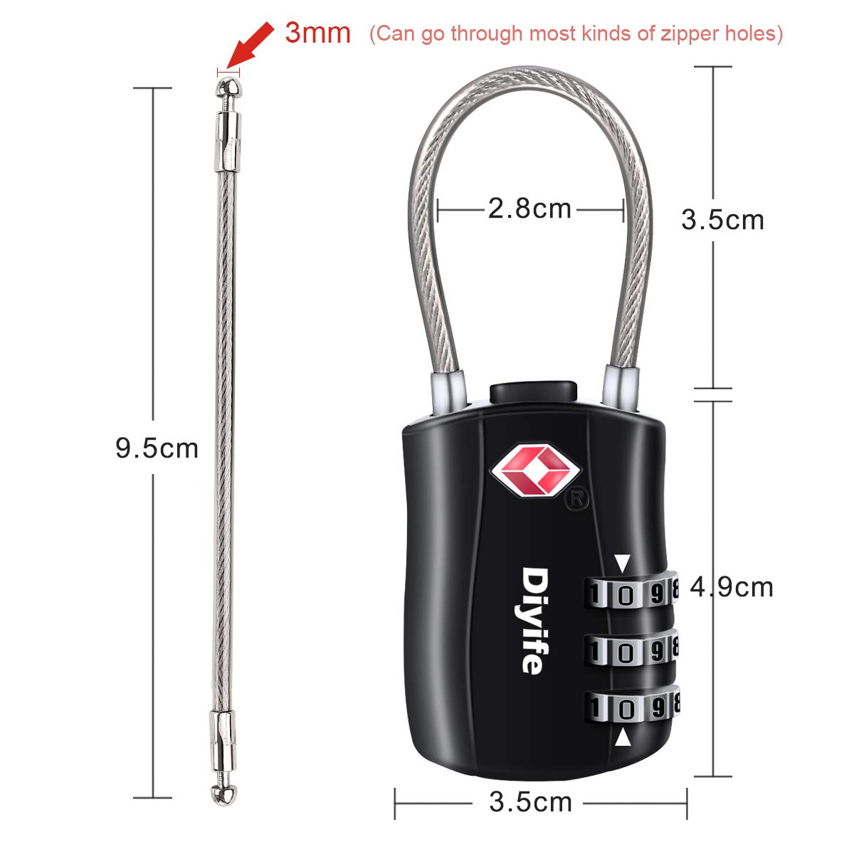 TSA Luggage Locks, [ Zinc Alloy Version][2 Pcs] Diyife TSA Approved Luggage Lock 3-Digit Re-settable Combination Lock, Code Lock for Travel Suitcase Luggage Bag Lockers (Black)