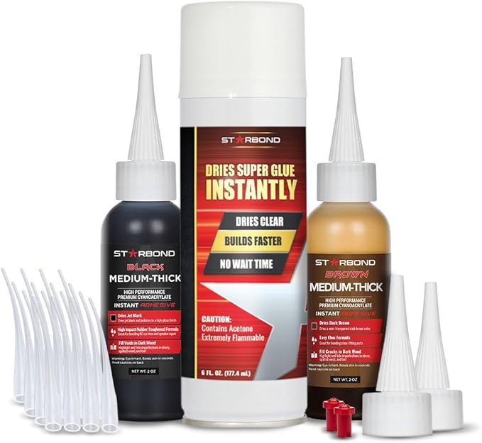 STARBOND Premium Grade Cyanoacrylate (CA) Super Glue, Black (2 oz) and Brown (2 oz) Medium-Thick Viscosity Knot Filler and Aerosol Accelerator (6 oz) Bundle for Woodworking, Woodturning, Carpentry
