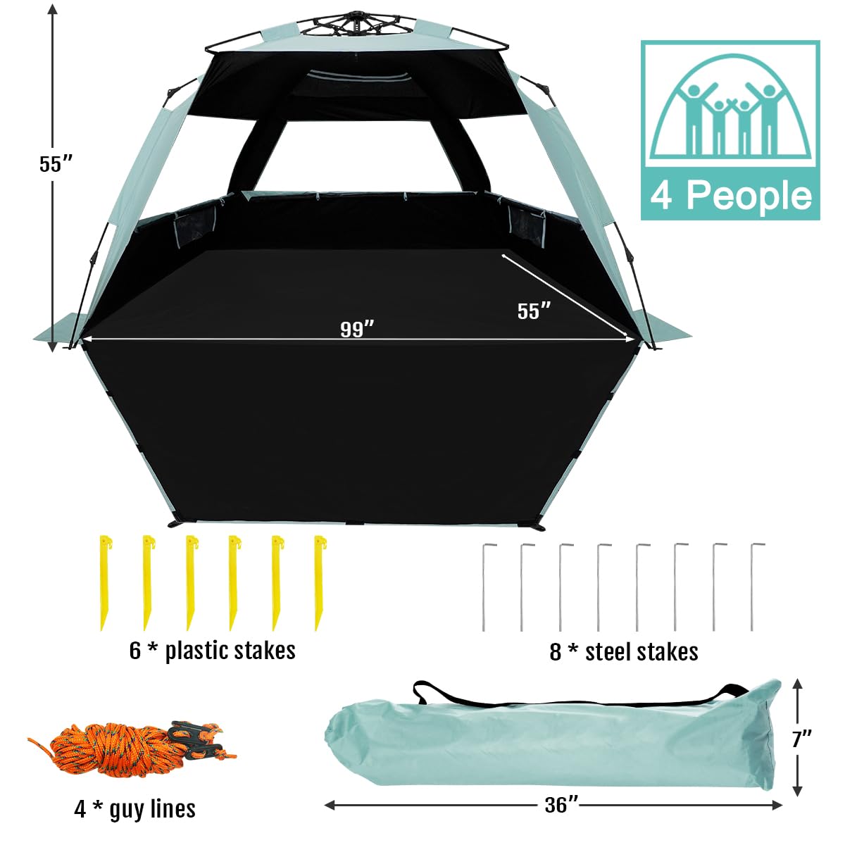 WhiteFang XL Pop Up Beach Tent Sun Shade Shelter for 3-4 Person with Blackout Shelter, UV Protection, Extendable Floor with 3 Ventilating Windows Plus Carrying Bag, Stakes, and Guy Lines (Mint Green)
