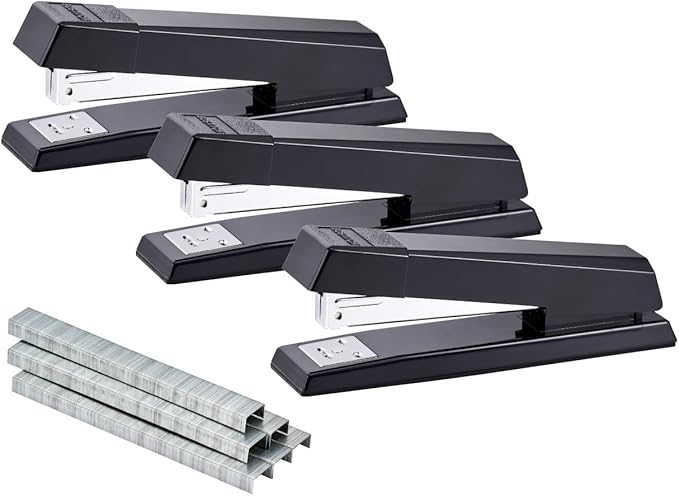 Bostitch Office No-Jam Premium Desktop Stapler, Full-Strip, Black, 1,250 Staples Included, 3-Pack
