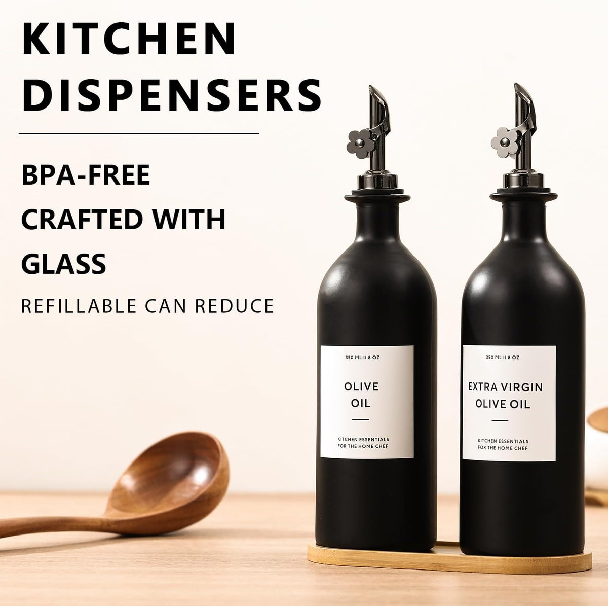 HOMCDALY Olive Oil Dispenser for Kitchen, 16oz Glass Oil Bottles with Bamboo Tray, Black Oil&Vinegar Cruet Set, Kitchen Dispenser Bottles with Pourer | Set of 2 (16oz – Black)