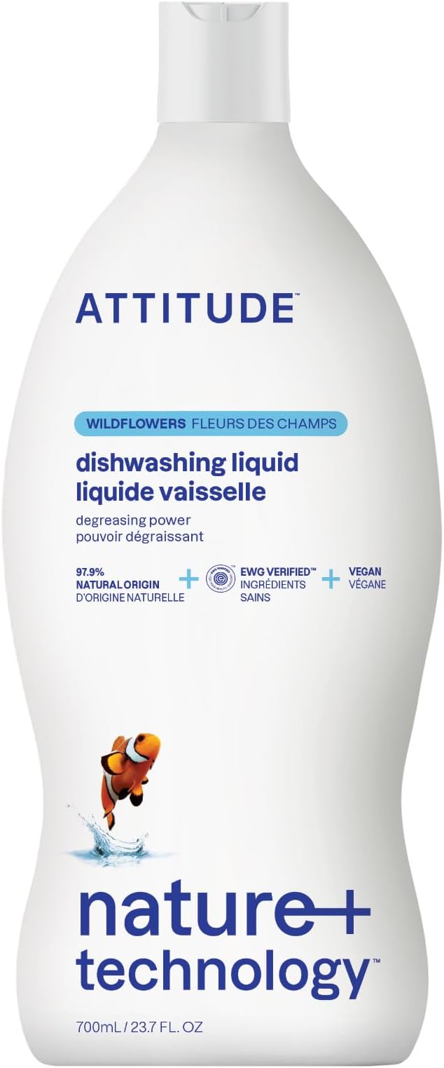 ATTITUDE Dish Soap, EWG Verified, Plant-Based & Vegan Dishwashing Liquid, Naturally Derived, Wildflowers Scent, 23.7 Fl Oz