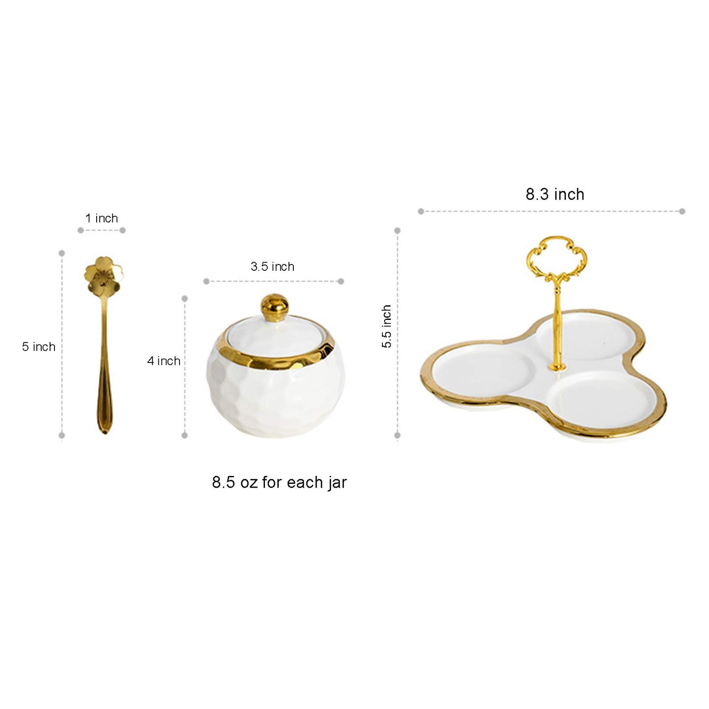 BIHOIB Golf Porcelain Sugar Bowl Condiment Pot Salt Container with Lid, Spoon and Tray, Set of 3, Modern Spice Box Seasoning Jar, White and Gold