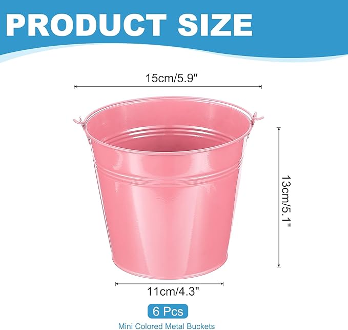 PATIKIL 5.9"x5.1" Small Metal Buckets with Handle, 6 Pcs Mini Galvanized Bucket Colorful Easter Buckets for Crafts Party Favors Decoration, Pink