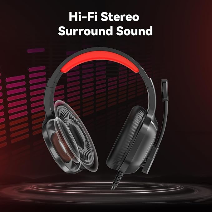 Gaming Headset with Microphone for Pc, Xbox One Series X/s, Ps4, Ps5, Switch, Stereo Wired Noise Cancelling Over-Ear Headphones with Mic, RGB, for Computer, Laptop, Mac, Nintendo, Gamer (Red)