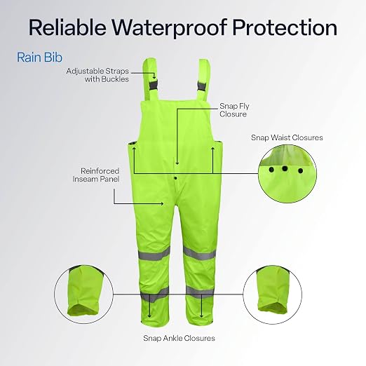 Global Glove FrogWear GLO-8000 Unisex High-Visibility Rain Suit, Lightweight Three-Piece Rain Gear with Waterproof Jacket, Bibs, and Detachable Hood – Neon Yellow, X-Large