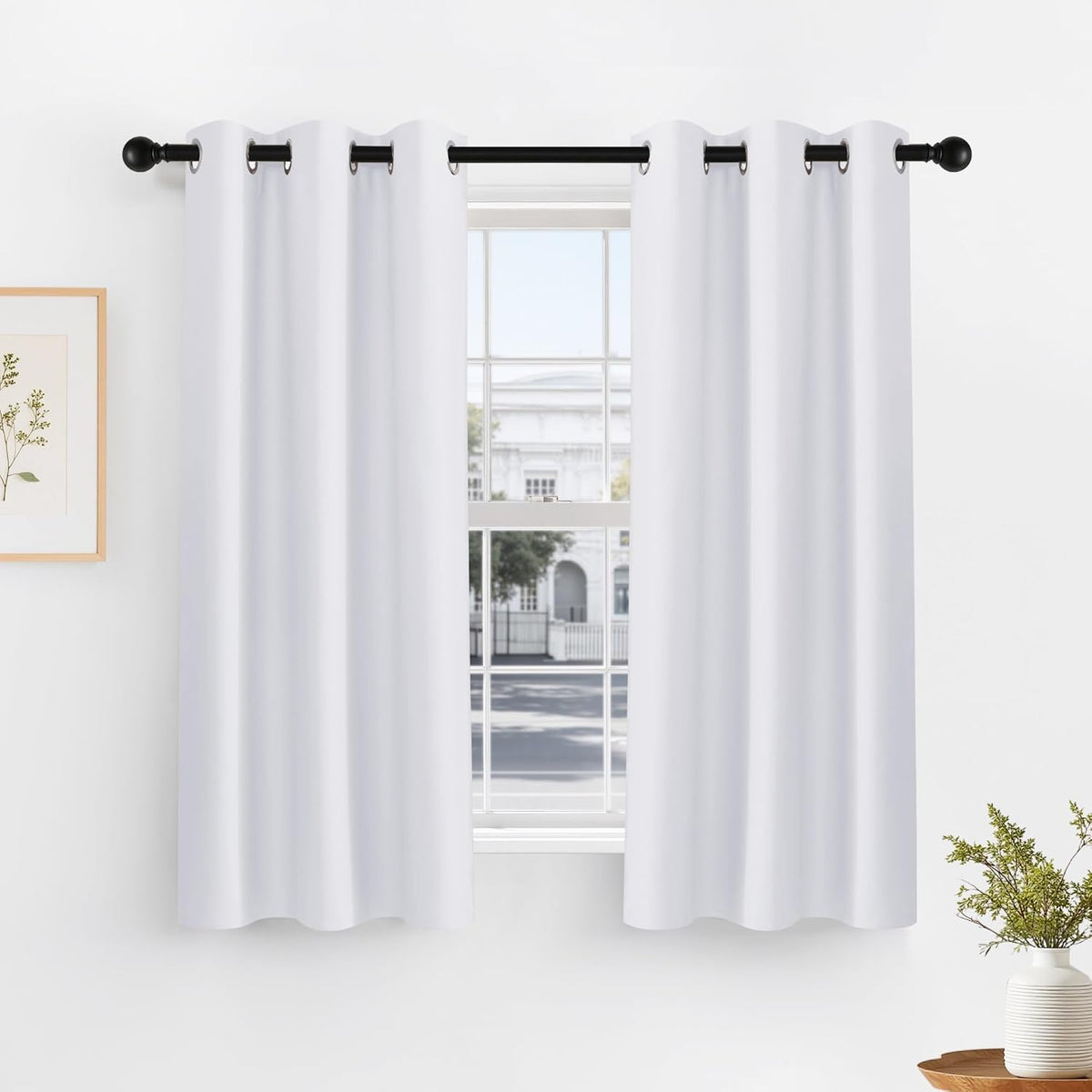PONY DANCE Pure White Short Blackout Curtains for Kitchen 45 Inch Length, Thermal Insulated Grommet Curtains for Bedroom, Black Out Drapes for Bathroom Small Window (2 Panels Set, 34 inches Wide)