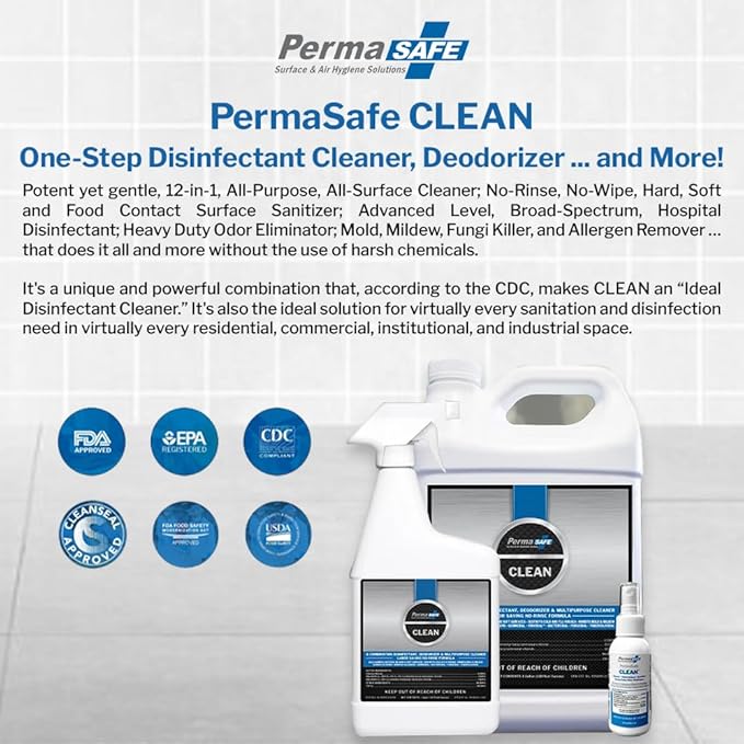 PermaSafe CLEAN, All-Purpose Hospital Disinfectant Cleaner; No Rinse, Hard, Soft & Food Contact Surface Sanitizer; Mold, Mildew and Fungi Killer; Odor Eliminator; Allergen Remover & More (128 Fl Oz)